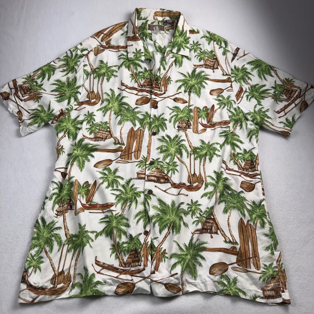 Vintage Kalaheo Mens 2XL Made in Hawaii Palm Tree‎ Surfboard Rayon White